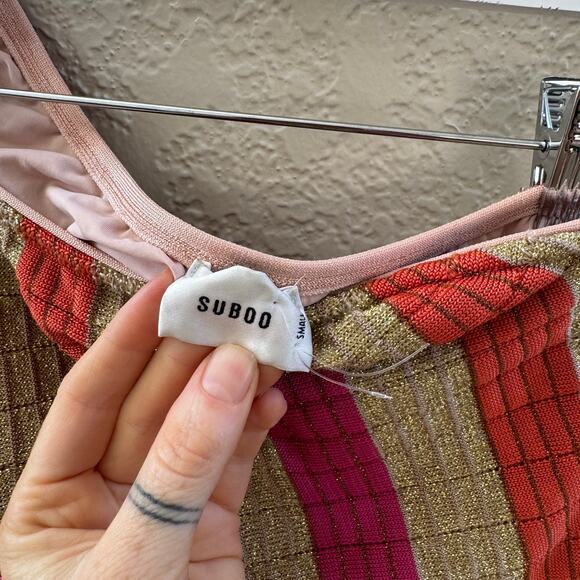 SUBOO $260 Jacquelyn Gold Pink Metallic Stripe One Shoulder One Piece Swimsuit - Picture 8 of 9